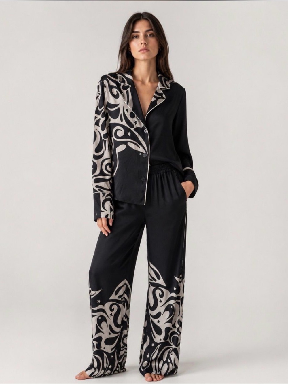PINKO Made in Italy Black & Cream Swirl Print Satin Set